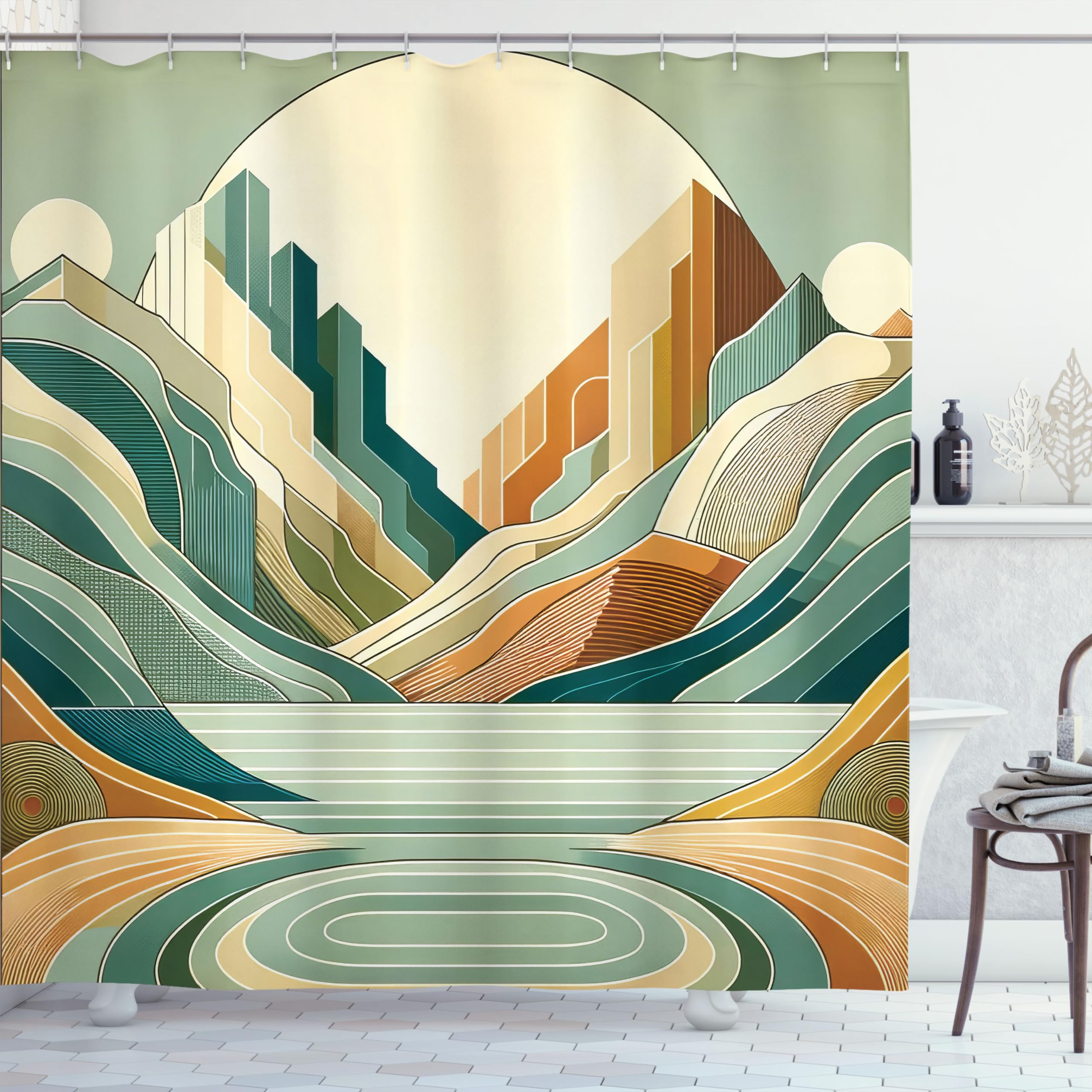 Ambesonne Lake Shower Curtain, Pastel Colored Landscape Of Rising Mountains And Hills In Circular Motifs, Cloth Fabric Bathroom